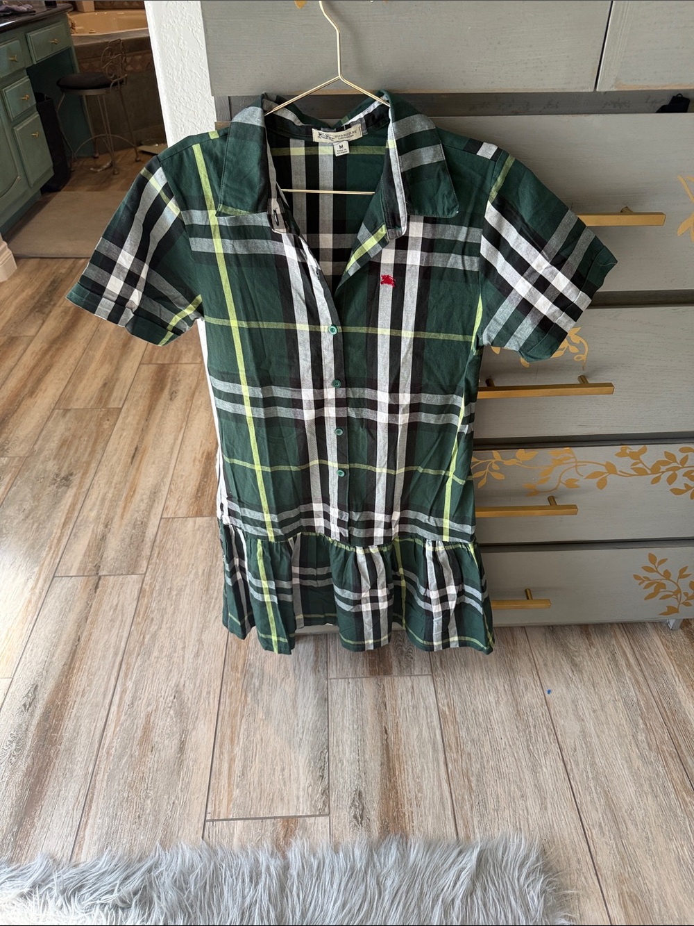 Burberry Green, White and Black Plaid Short-Sleeve Button-Down Dress